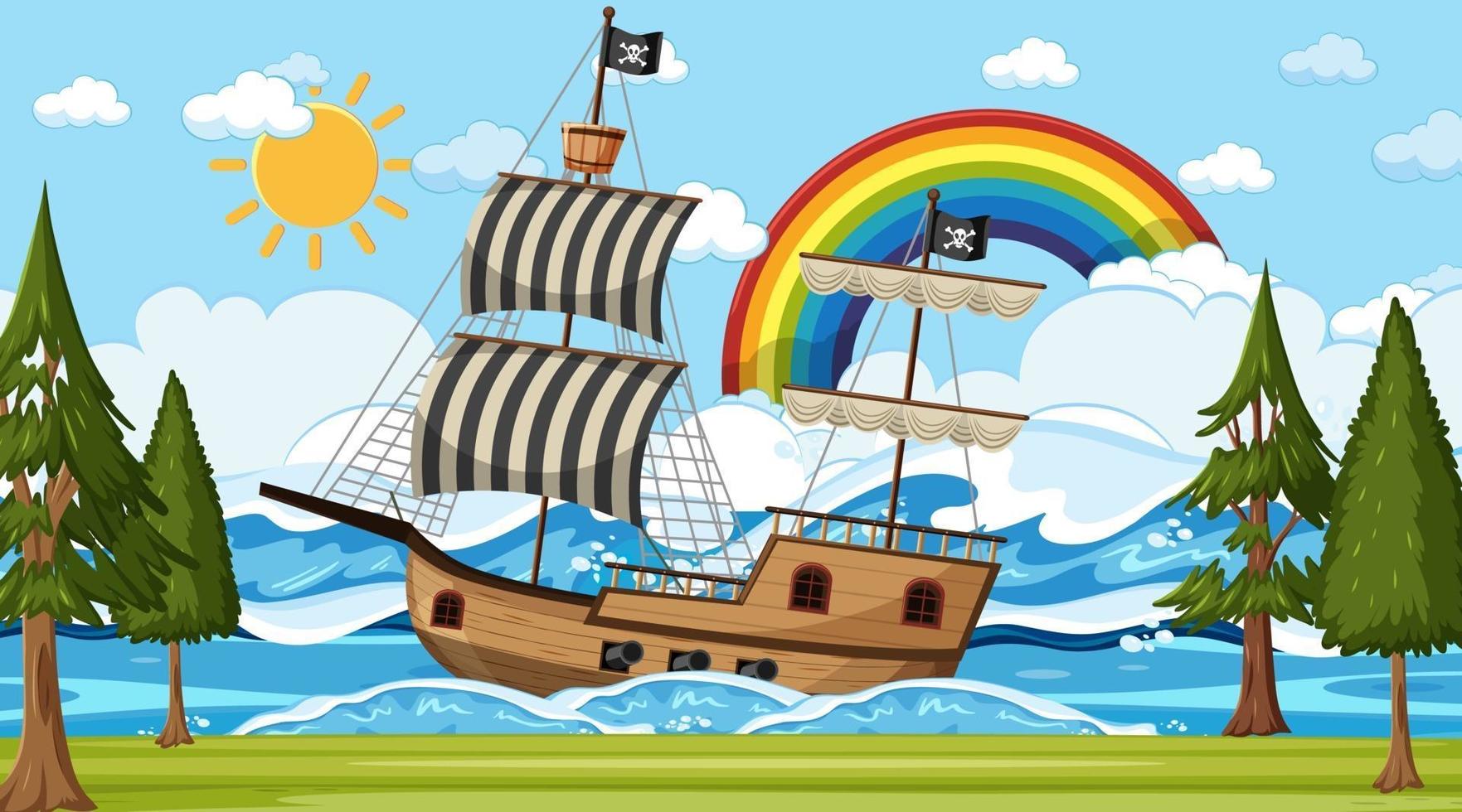 Ocean with Pirate ship at day time scene in cartoon style vector