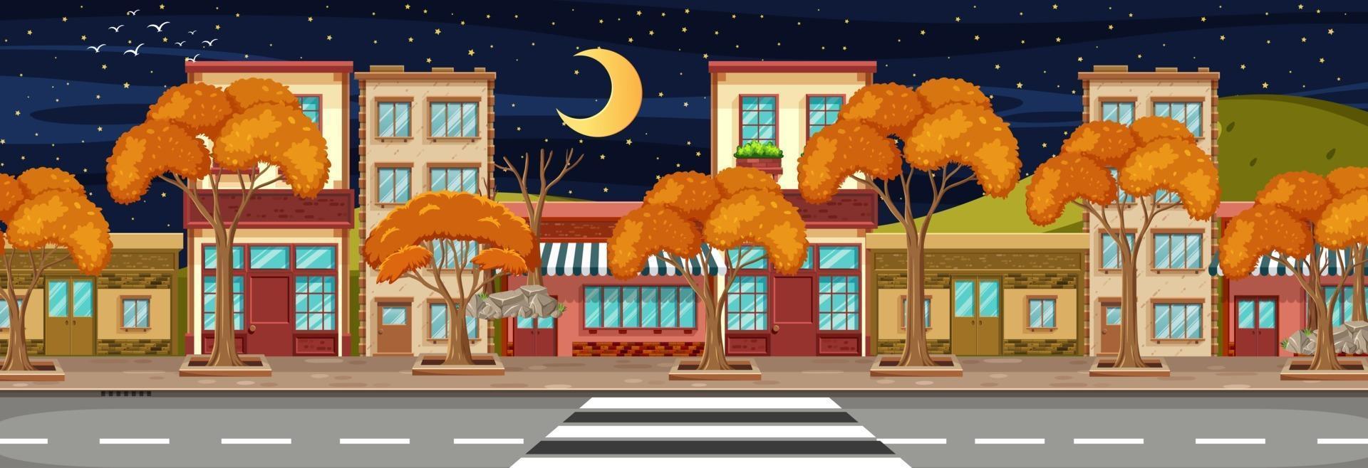 Many store buildings along the street horizontal scene at night vector