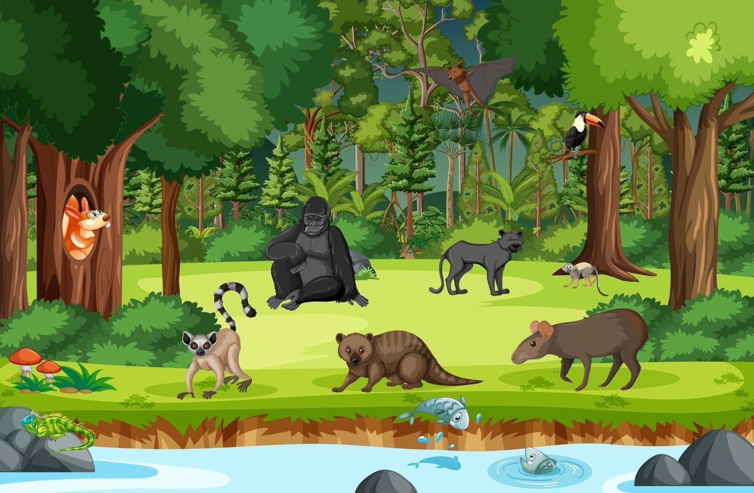 Wild animals with stream flowing through the forest scene vector