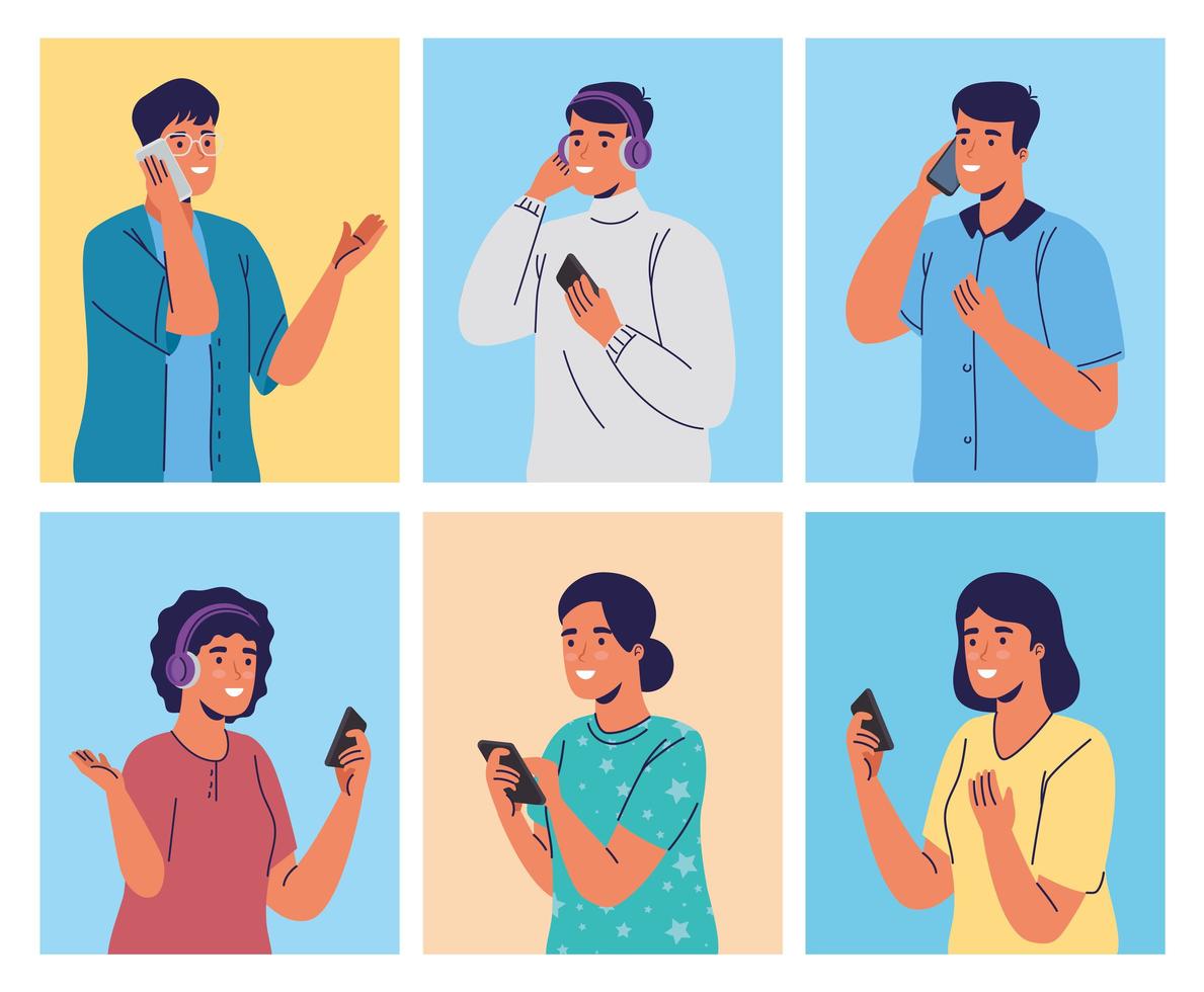 group of young people using smartphones characters vector