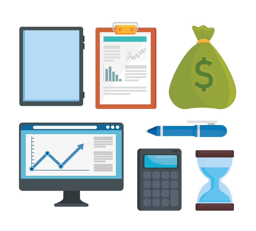 bundle of seven sales and finance analysis set icons vector