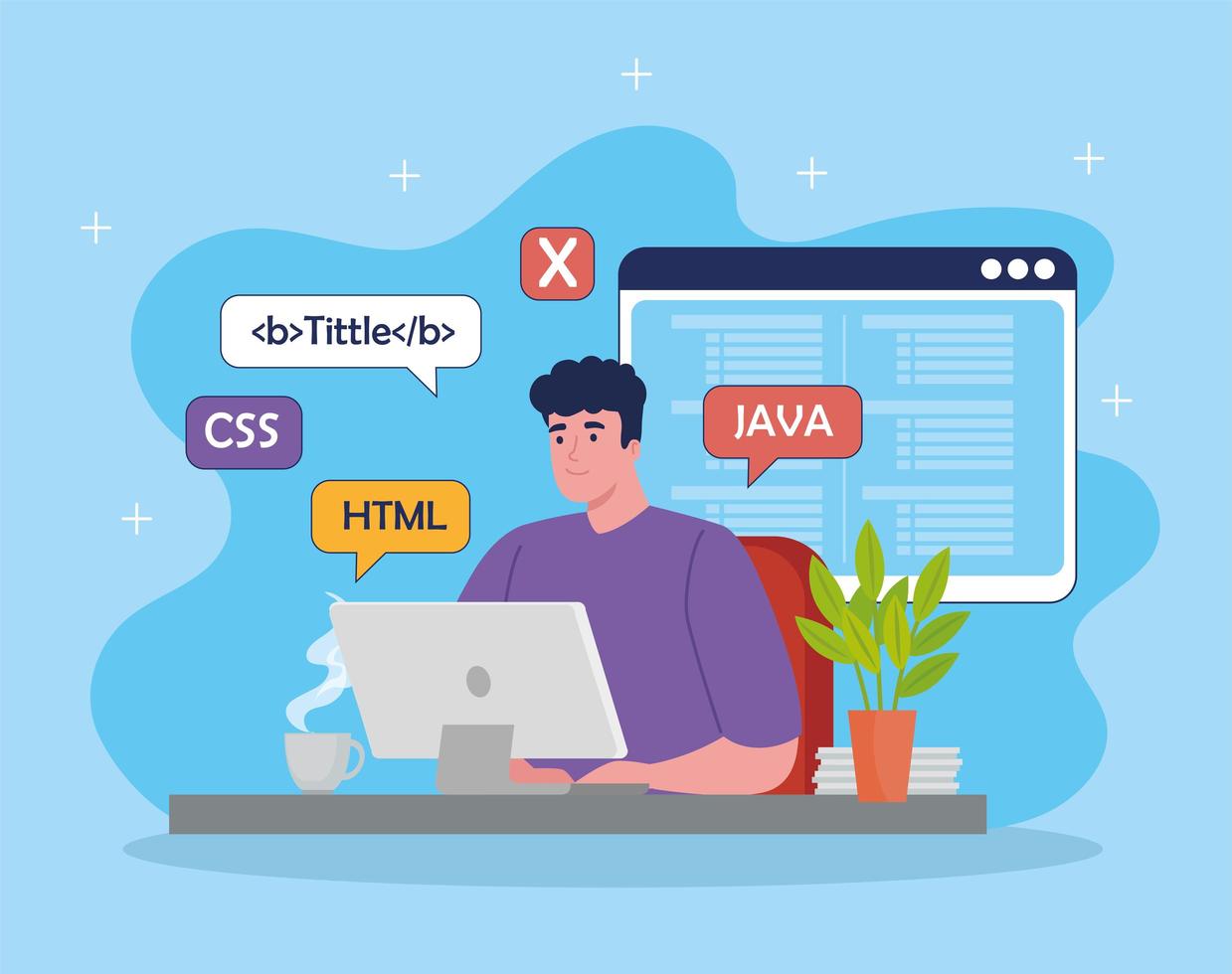 software developer programming in desktop with code symbols vector