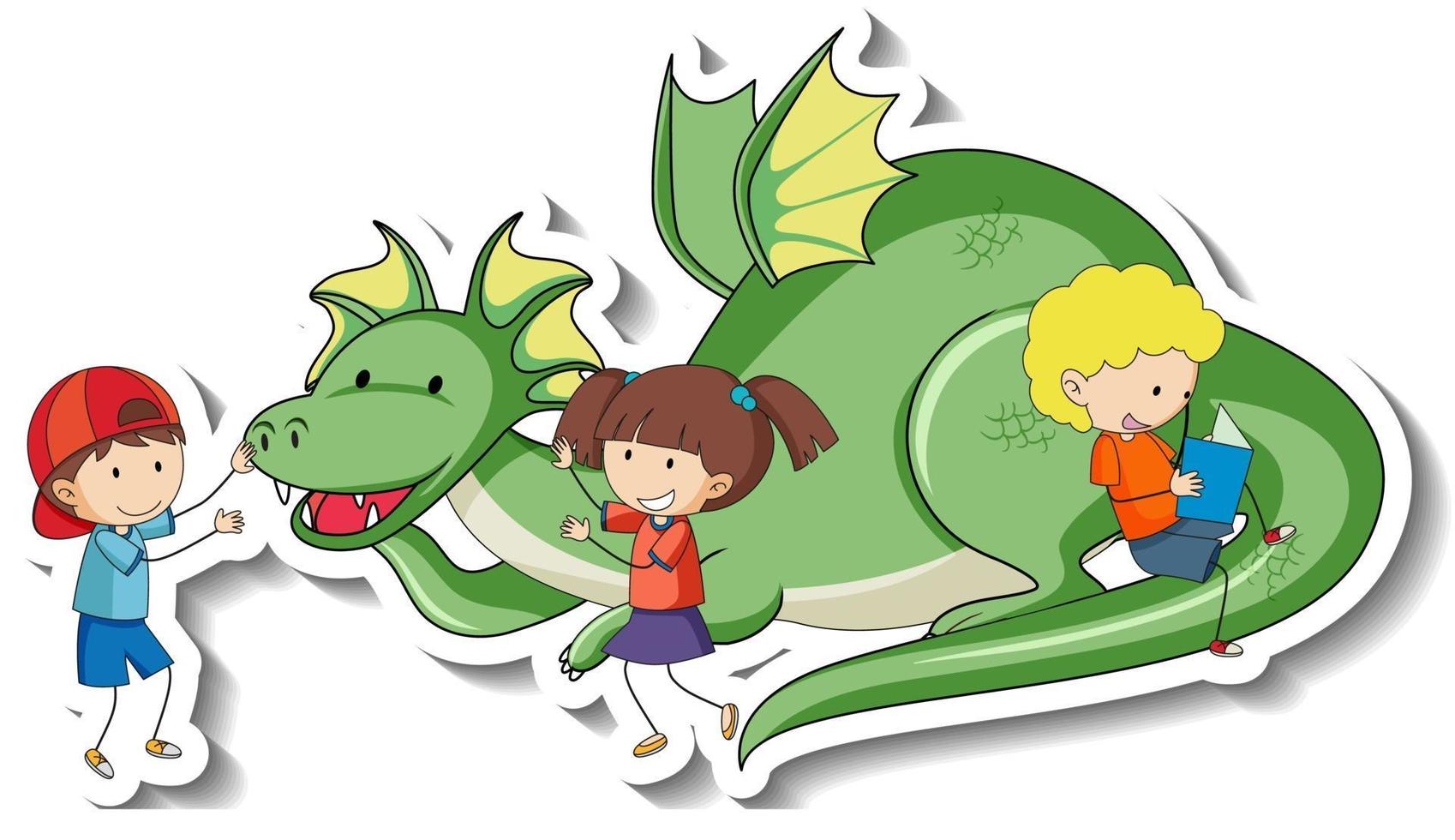 Sticker template with a dragon and many kids isolated vector