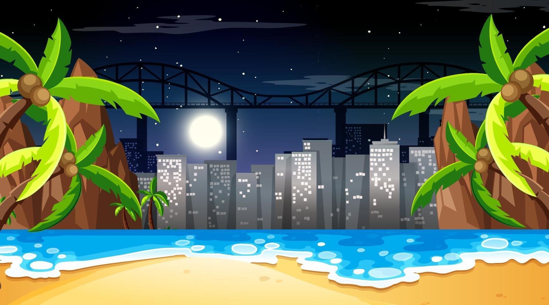 Tropical beach landscape scene with cityscape background vector