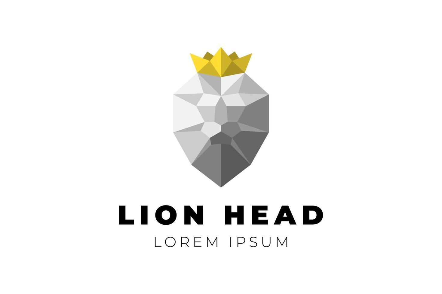 Polygonal geometric low poly lion head with gold crown. Triangle origami polygon gray vector illustration