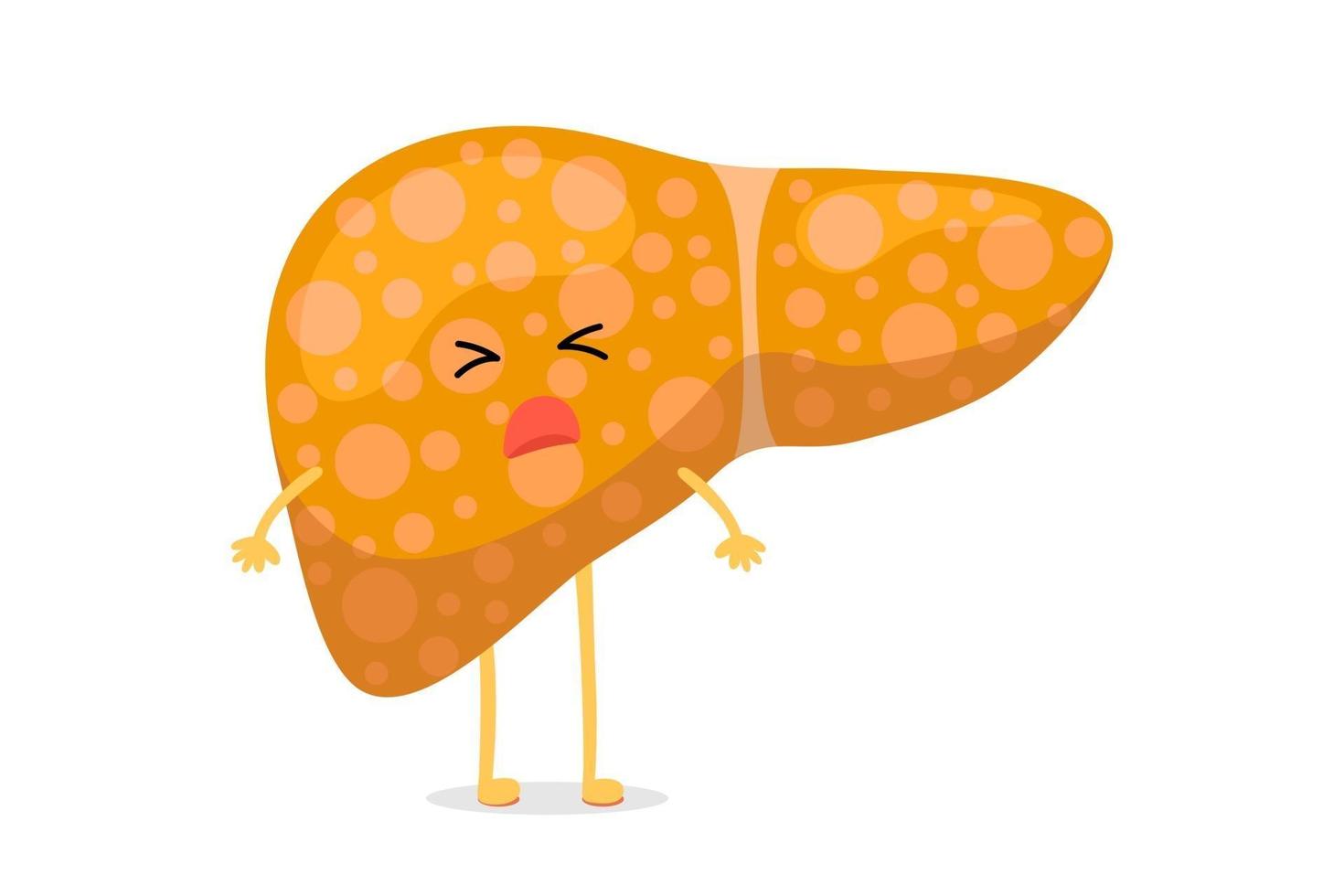 El personaje de hígado enfermo de dibujos animados insalubre sufre de ictericia o hepatitis y sufre dolor. concepto de destrucción de órganos de glándulas exocrinas humanas. vector ilustración hepática