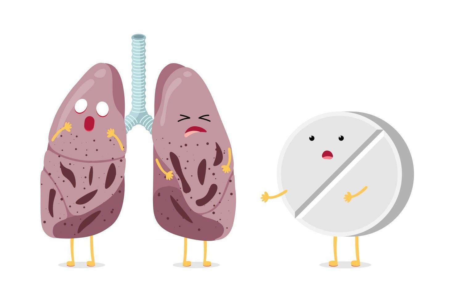 Sick unhealthy cartoon lungs character tuberculosis virus disease with antibiotic drug pharmacy tablet. Human respiratory system internal organ tubercle bacillus pneumonia struck vector illusrtation