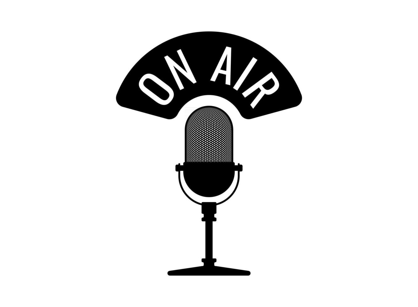 Studio table vintage retro microphone with on air caption. Live broadcast webcast audio record emblem. Radio media mic vector icon