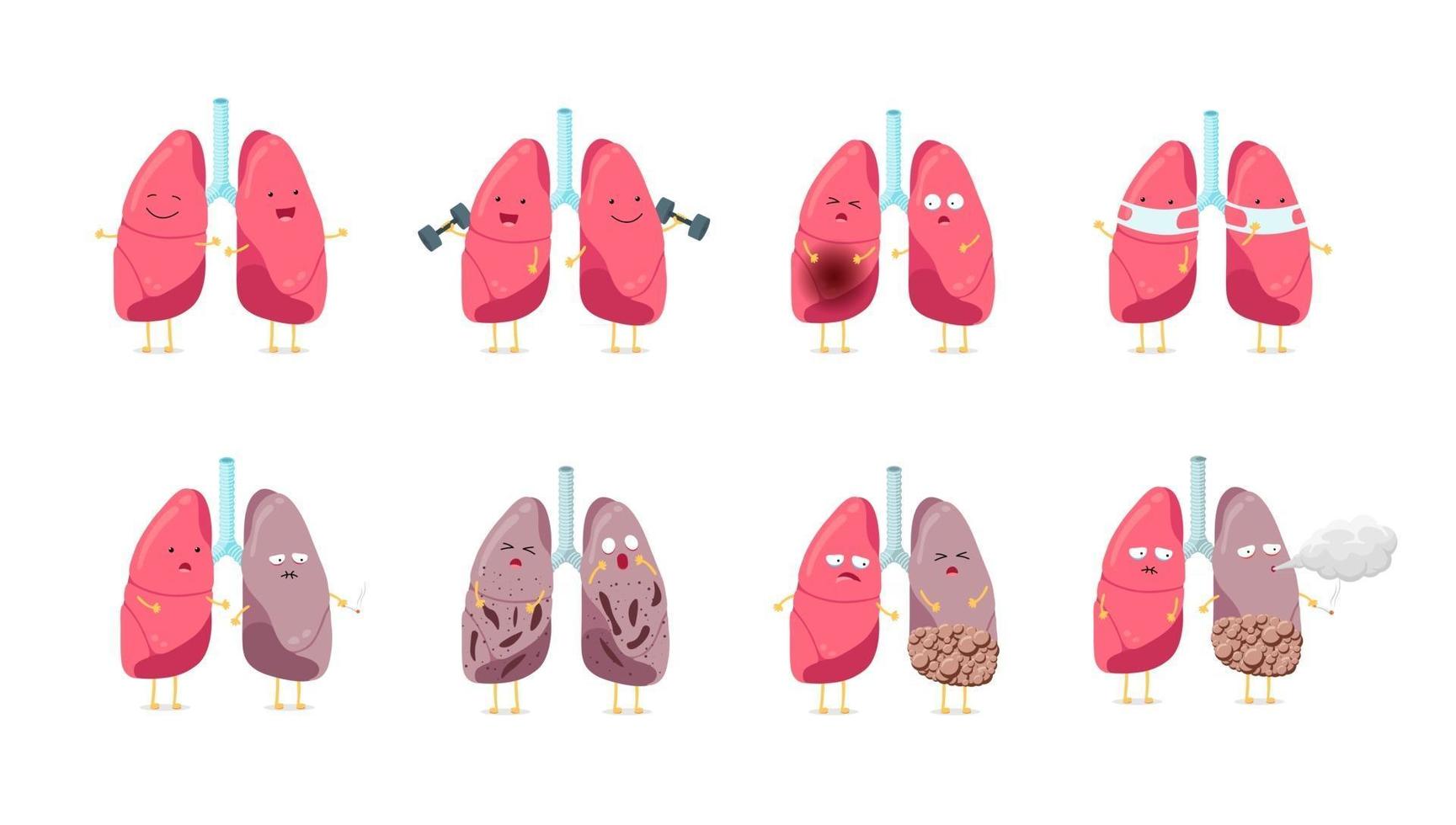 triste enfermo insalubre y saludable fuerte feliz sonriente lindo conjunto  de caracteres de pulmón. Colección de