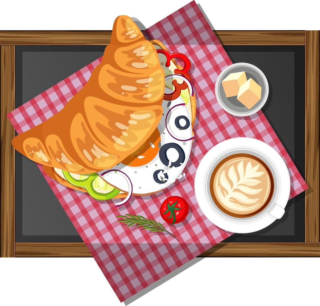Breakfast croissant sandwich with a cup of coffee on a wooden plate isolated vector