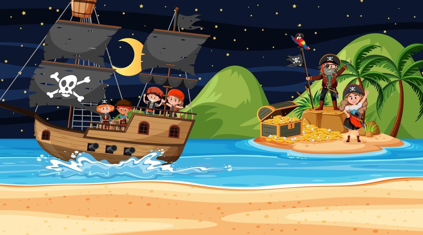 Treasure Island scene at night with Pirate kids on the ship vector