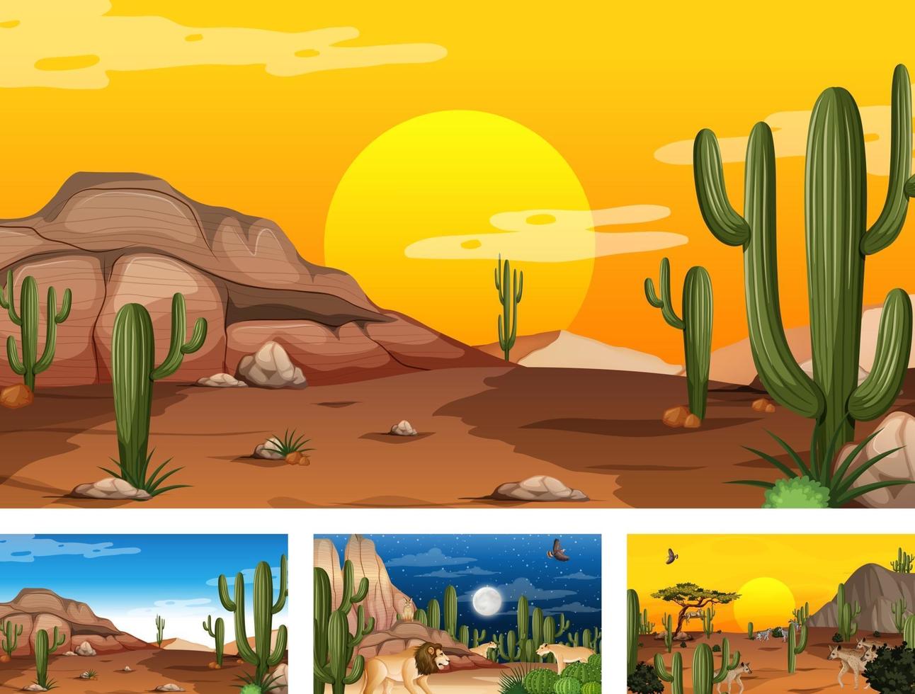 Different scenes with desert forest landscape with animals and plants vector