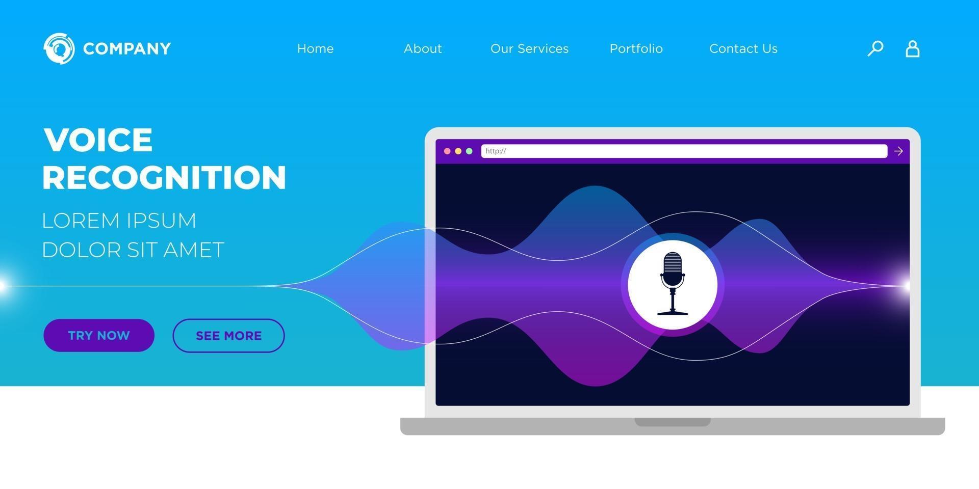 Intelligence personal online voice assistant recognition landing page UI or UX web design template. Laptop screen with sound waves and microphone dynamic icon. Web site mobile app vector illustration