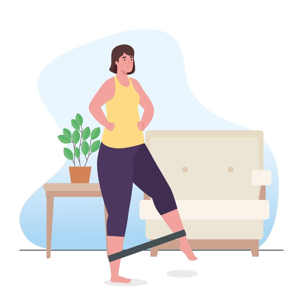 Woman doing exercise with elastic rope at home vector design