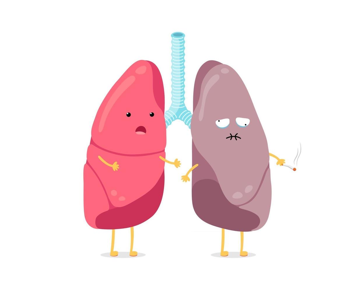 Carácter de pulmones divertidos de dibujos animados lindo sano y fumador. Fuerte sorprendido y sufriendo mascota de pulmón de fumar enfermo. comparar órganos internos del sistema respiratorio humano. Ilustración de vector de anatomía médica