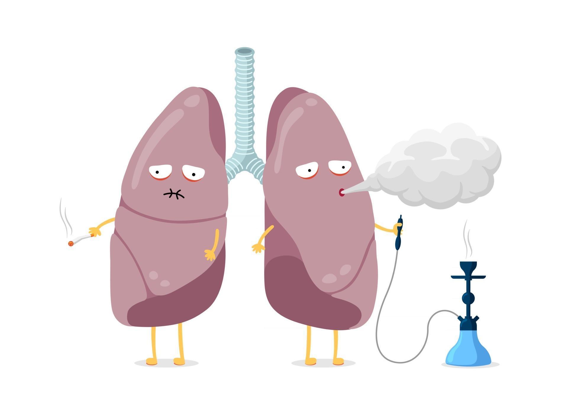 Unhealthy sick lungs cartoon character smoking cigarette and hookah