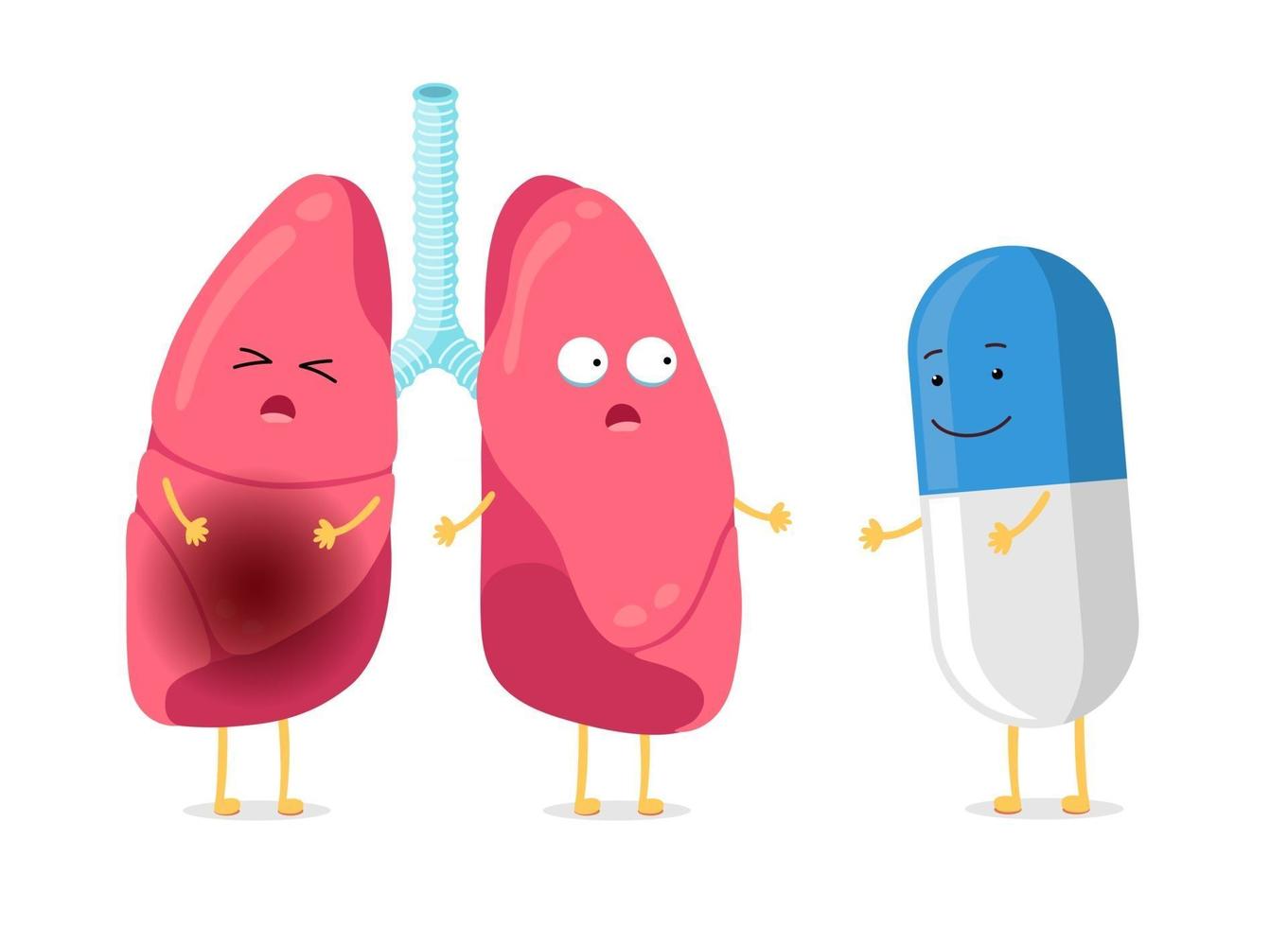 enfermedad malsana y carácter fuerte de los pulmones sanos con la droga de la píldora sonriente. Sufriendo mascota de pulmón de neumonía de dibujos animados enfermos y cápsula de antibiótico. Ilustración de vector de órgano interno respiratorio humano