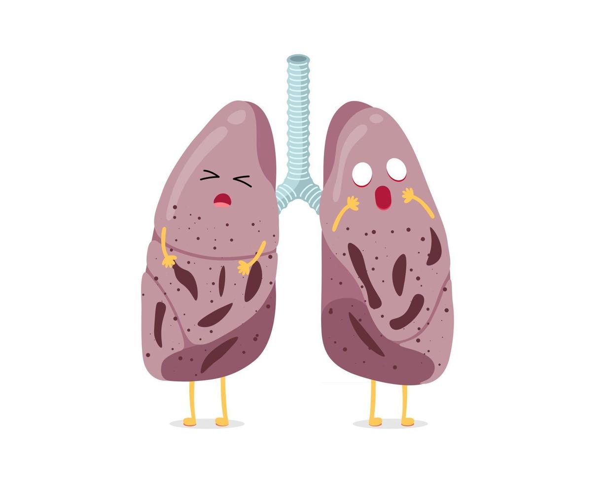 Sick unhealthy cartoon lungs character tuberculosis virus disease. Human respiratory system internal organ tubercle bacillus or pneumonia struck. Medical anatomy damage vector illusrtation