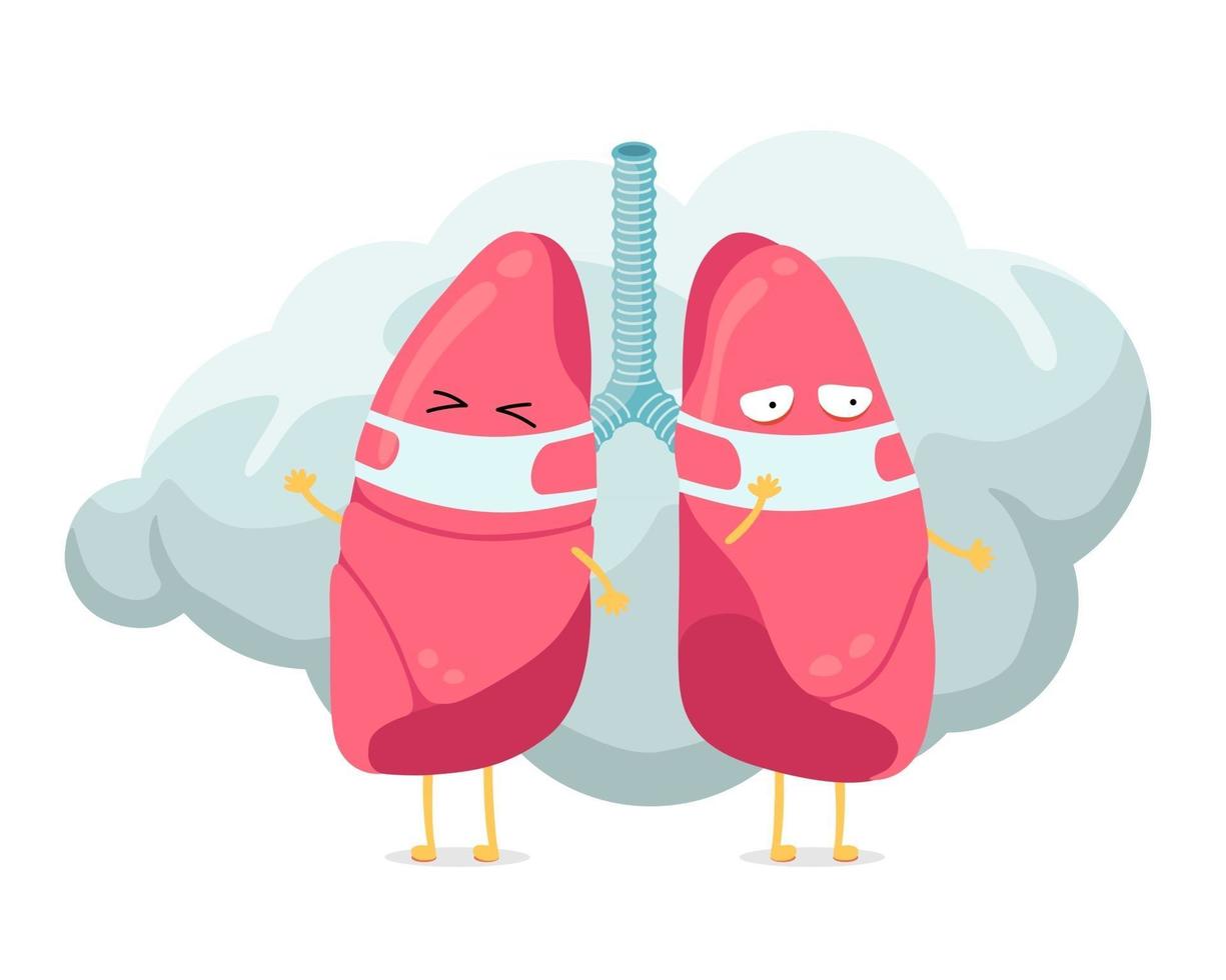 Cartoon lungs character with breathing hygiene mask on face and smoke or dust cloud. Human respiratory system lung internal organ mascot. Medical anatomy air pollution protection vector illustration