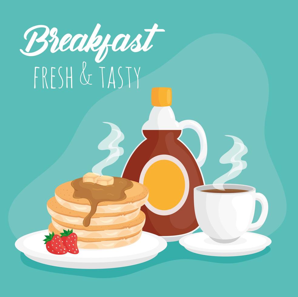 Panqueques de desayuno con botella de jarabe y diseño de vector de taza de café
