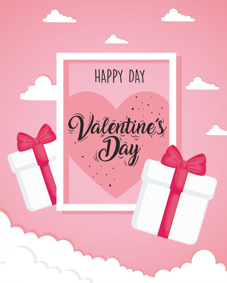 valentines day poster lettering with gifts in square frame vector