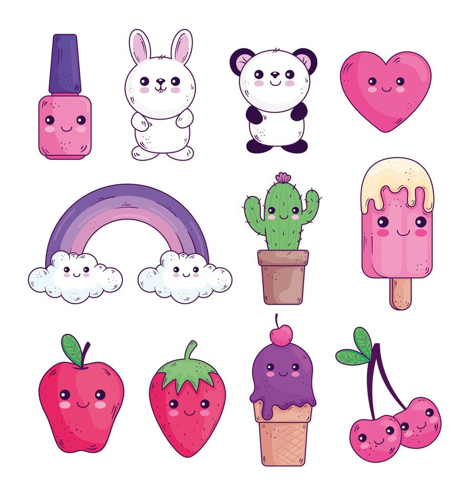 Colección de iconos de dibujos animados kawaii diseño vectorial vector