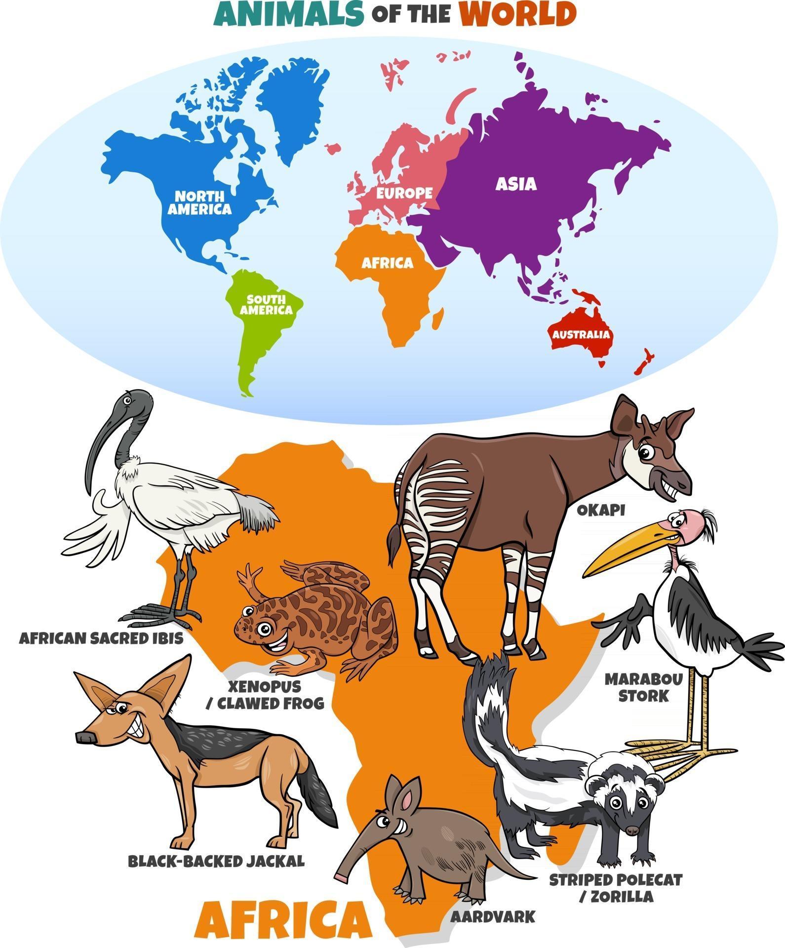 Стоки материков. Континент Африка животные. Цветная карта материков с животными Африка. Материки на английском с животными Африка. Раскраска карта Африки с животными.