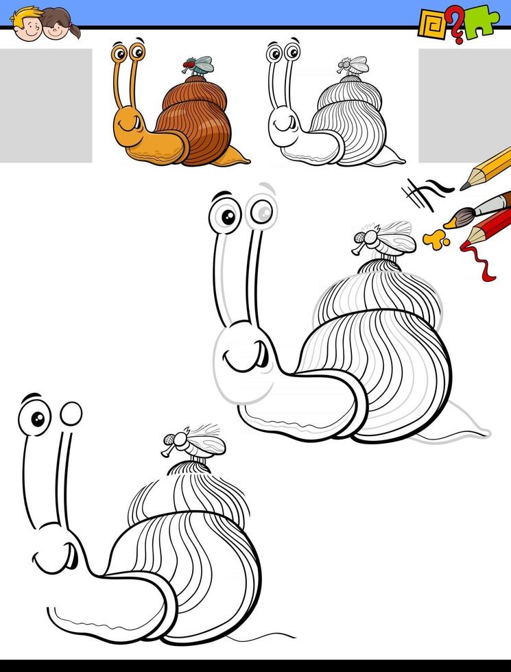 drawing and coloring task with snail and fly characters vector