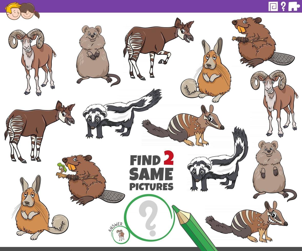 encontrar dos mismas tareas educativas de animales salvajes de dibujos animados vector