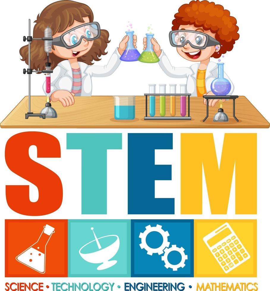 Scientist kids cartoon character with STEM education logo vector