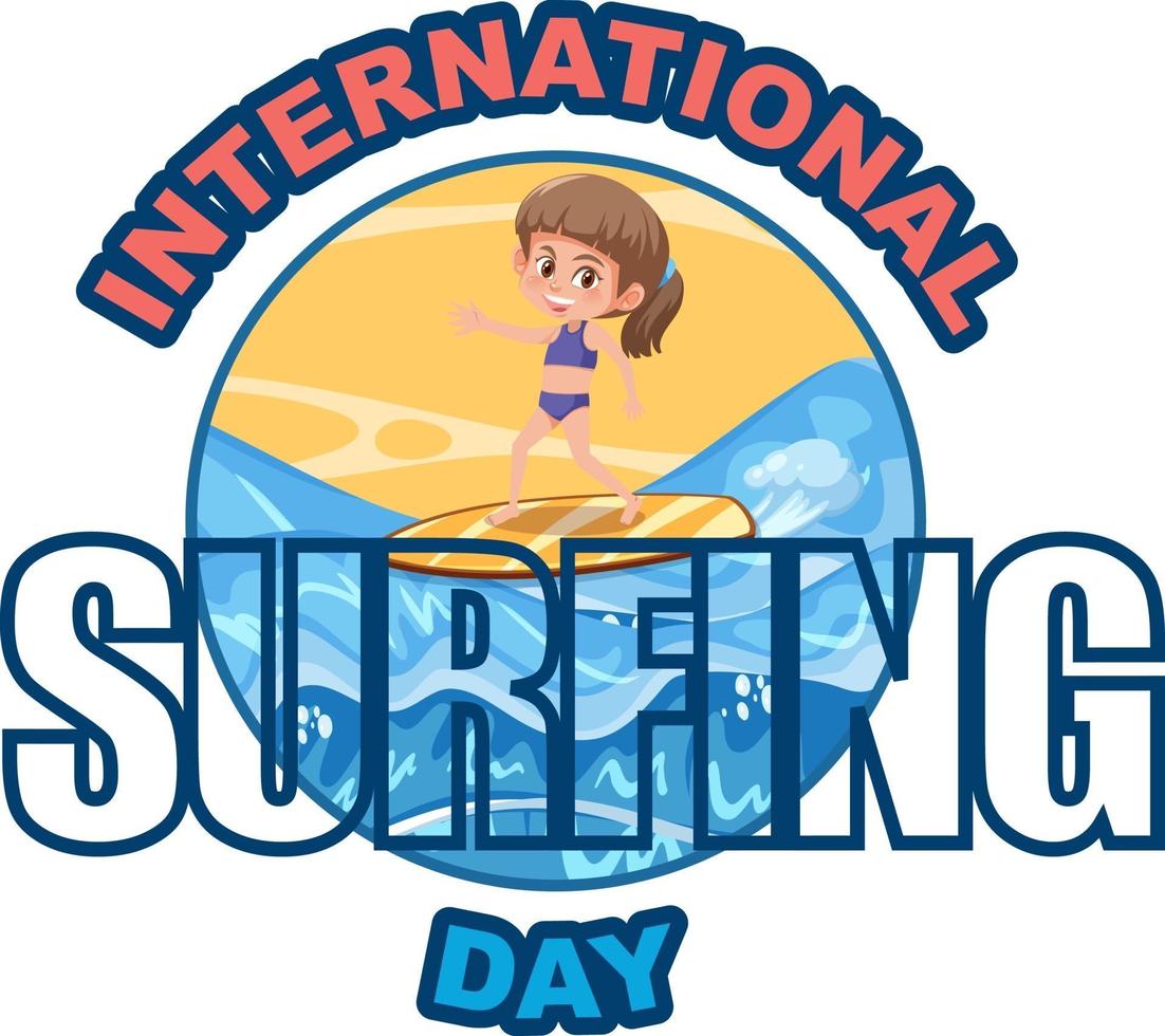 International Surfing Day font with a girl surfing cartoon character vector