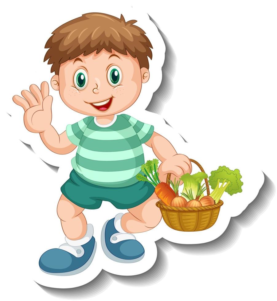 Sticker template with a boy holding vegetables basket isolated vector