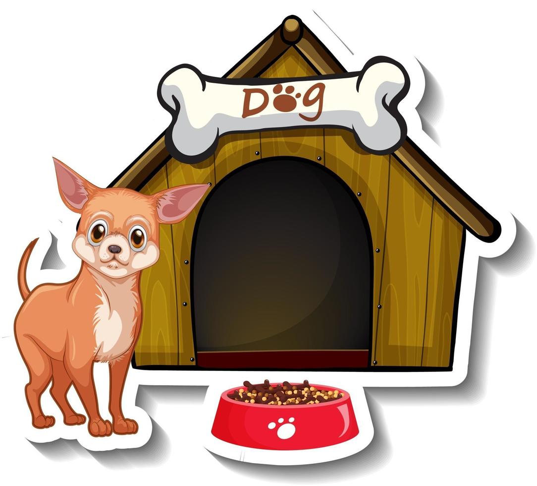 Sticker design with chihuahua standing in front of dog house vector
