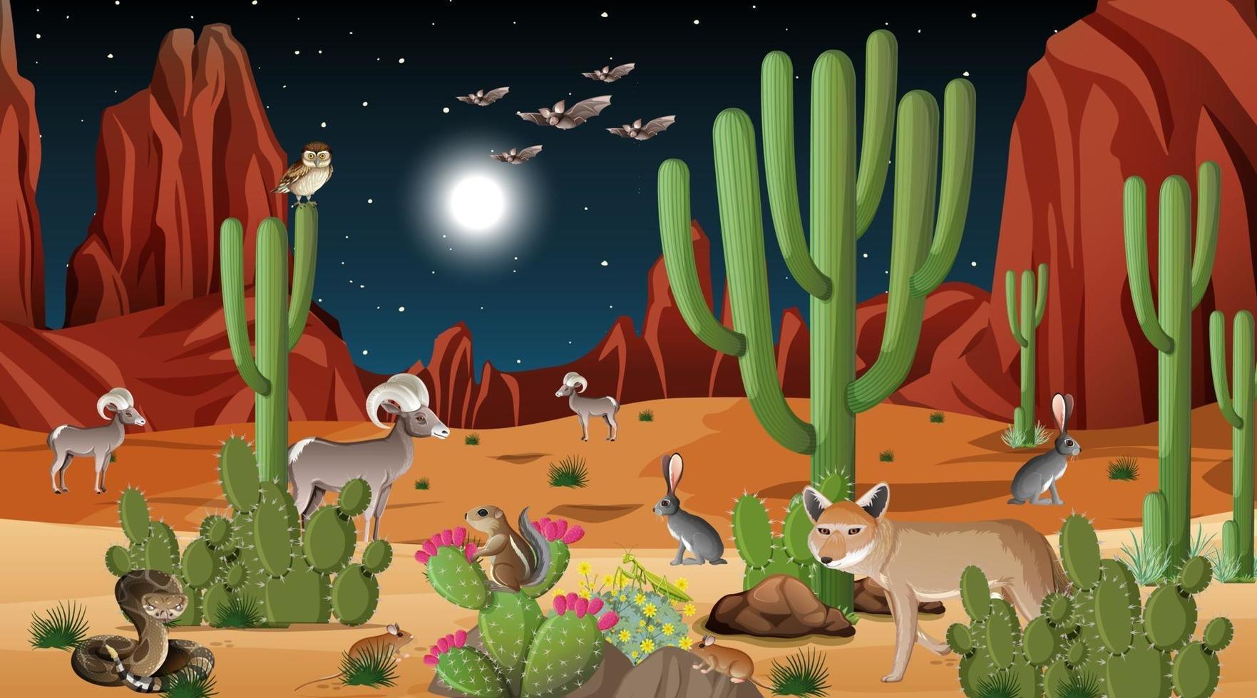 Desert forest landscape at night scene with wild animals vector