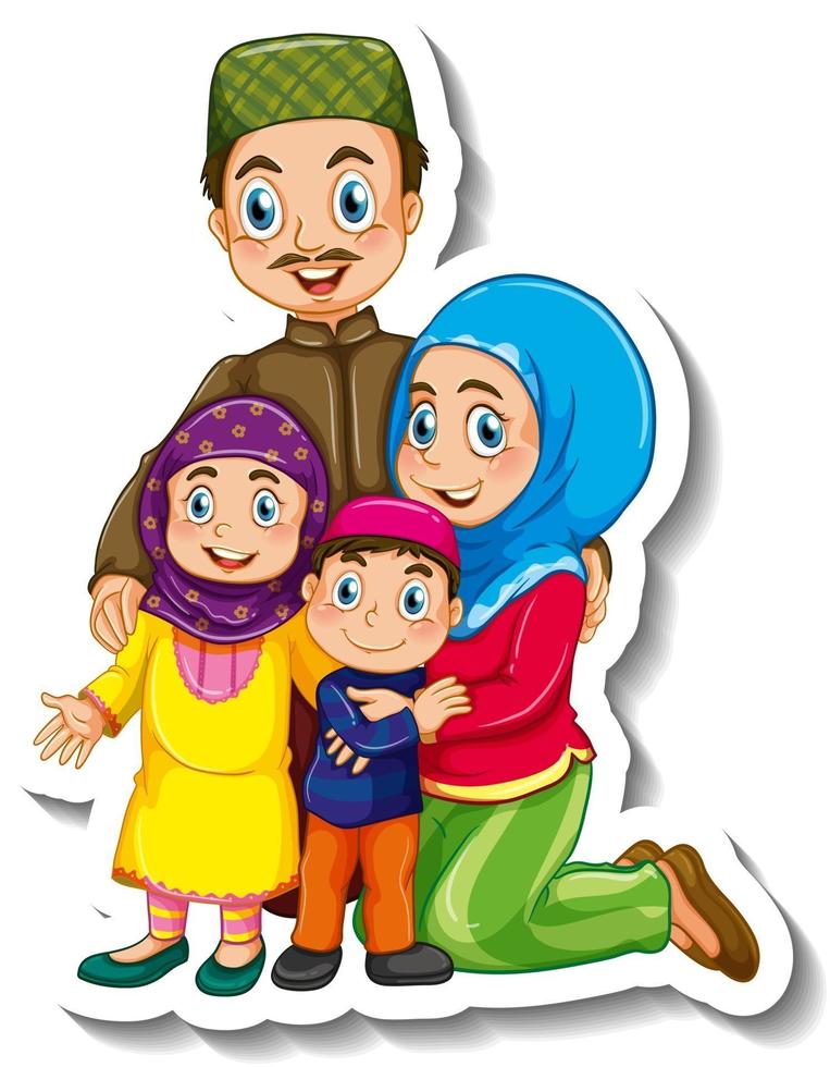 Sticker template with Muslim family cartoon character vector