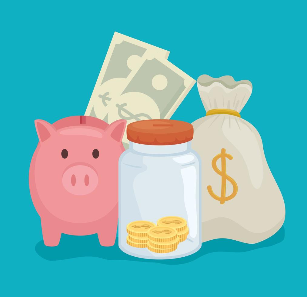 Coins jar piggy bills and bag vector design