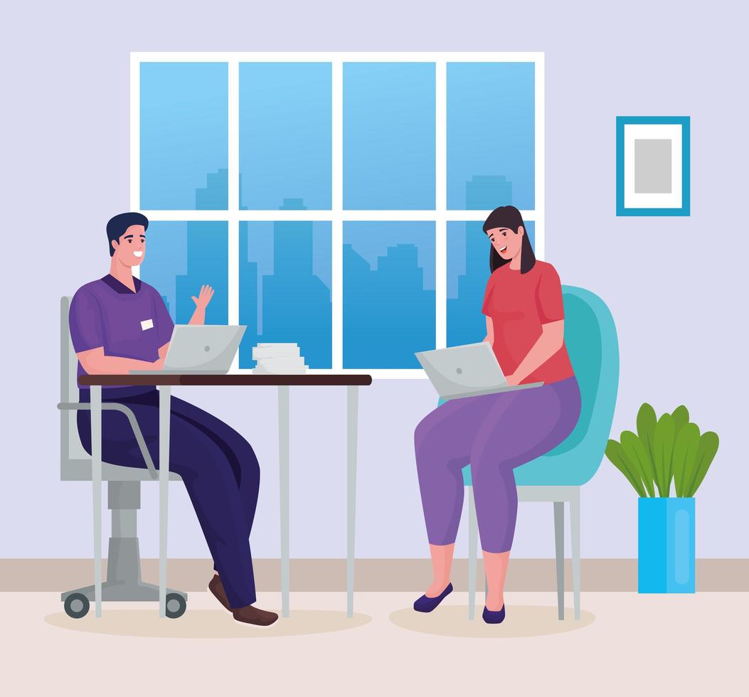 couple using laptops for meeting online in the workplace vector