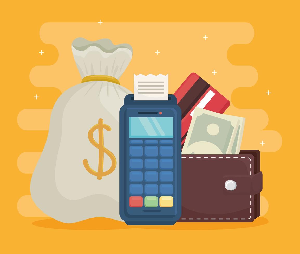 Money bag dataphone and wallet vector design