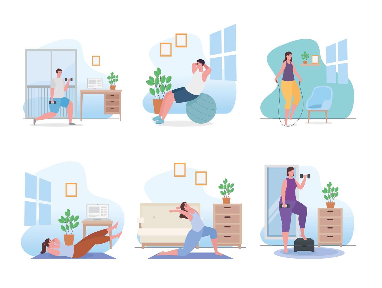 People doing exercise at home icon collection vector design