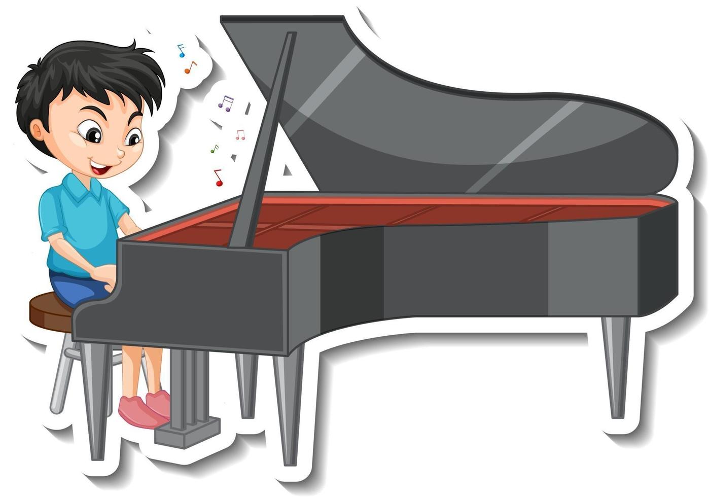 Diseño de pegatinas con un niño tocando el piano. vector