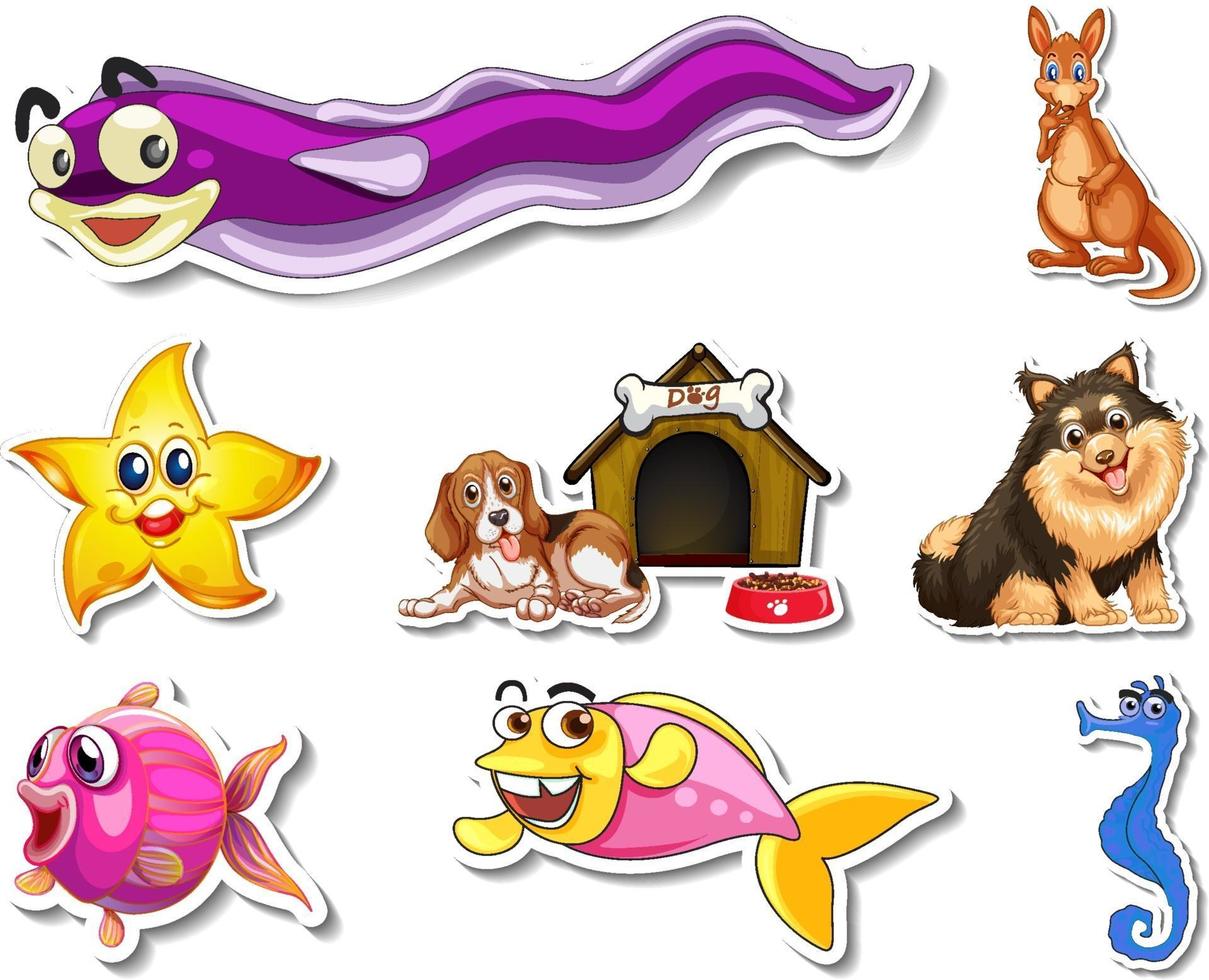 conjunto de pegatinas con animales marinos y personajes de dibujos animados de perros vector