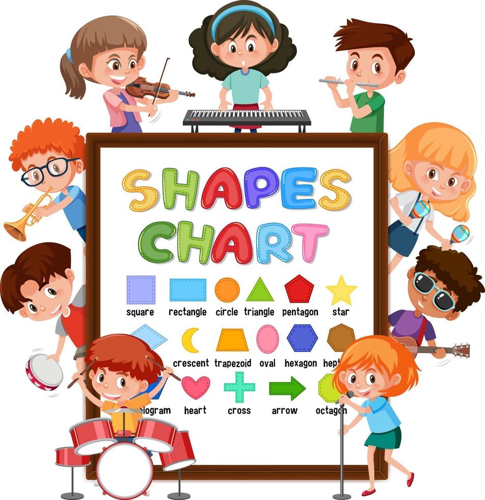 Shapes chart board with many kids doing different activities vector