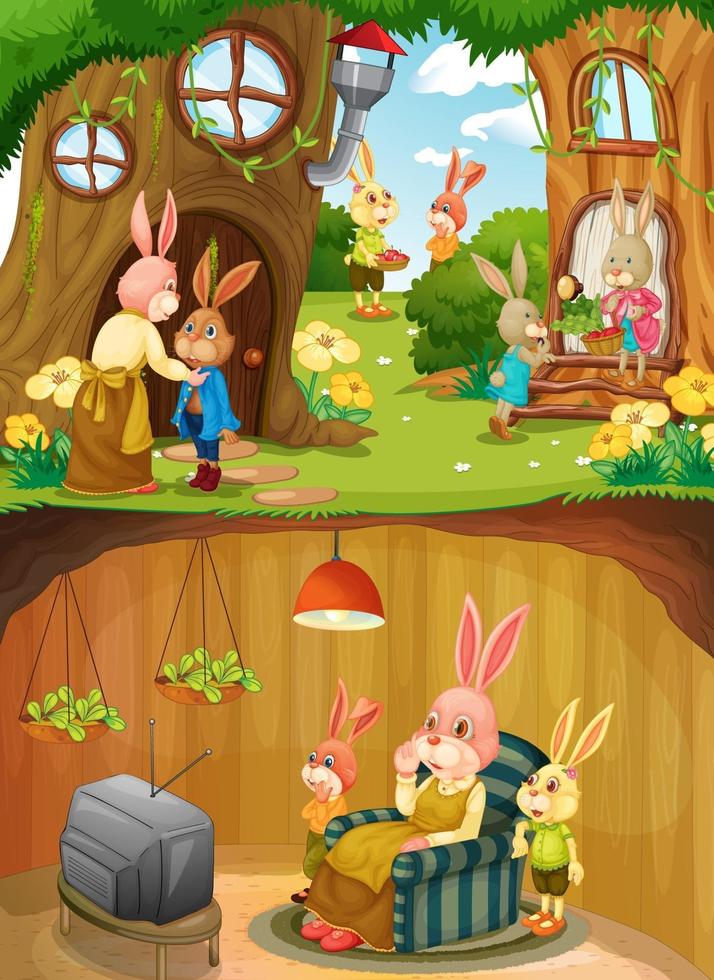 Rabbit family in underground with ground surface of the garden scene vector