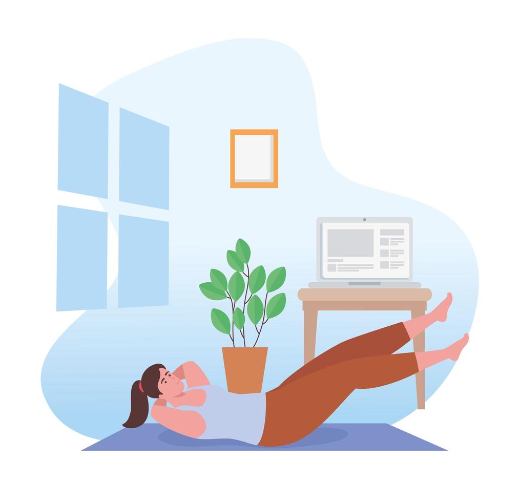Woman doing exercise on mat at home vector design
