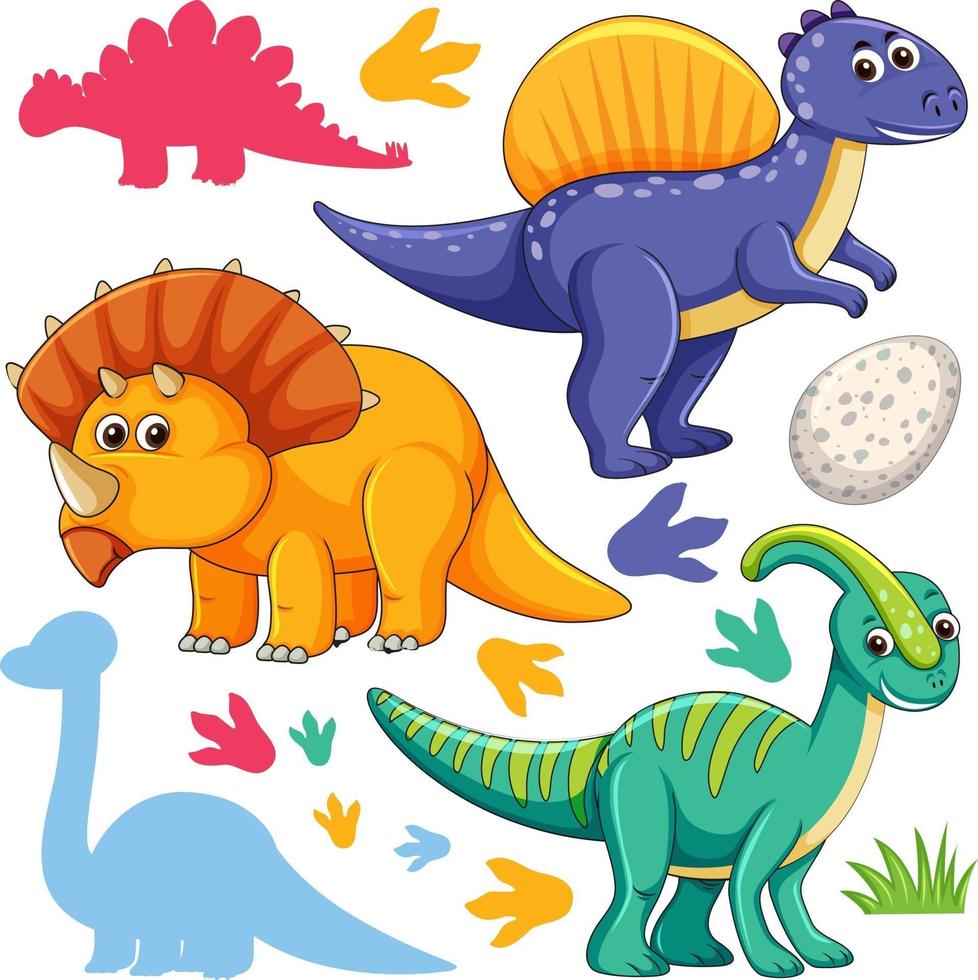 Set of isolated various dinosaurs cartoon character on white background vector