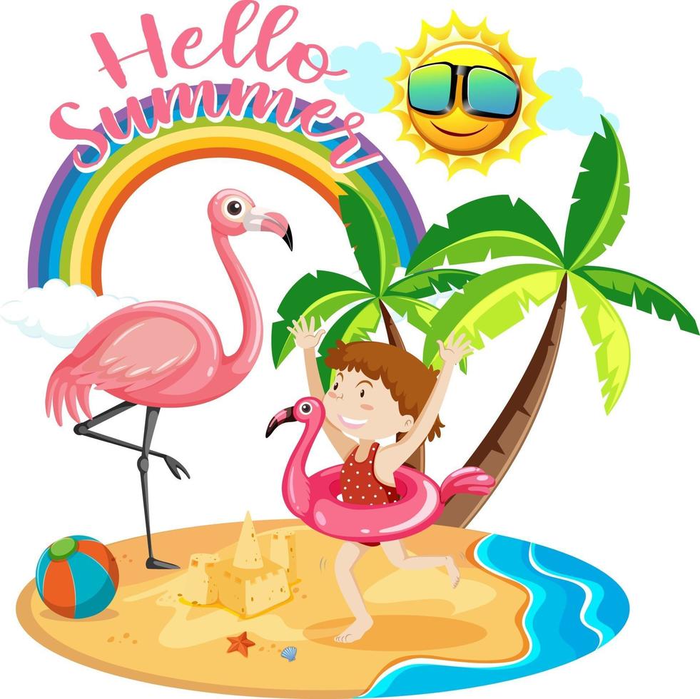 Hello Summer font with a girl and beach items isolated vector