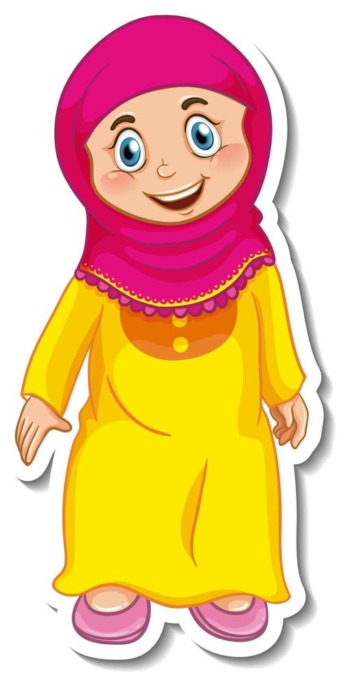 A sticker template with Muslim girl cartoon character vector