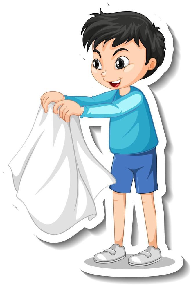 Sticker design with a boy take off his coat isolated vector
