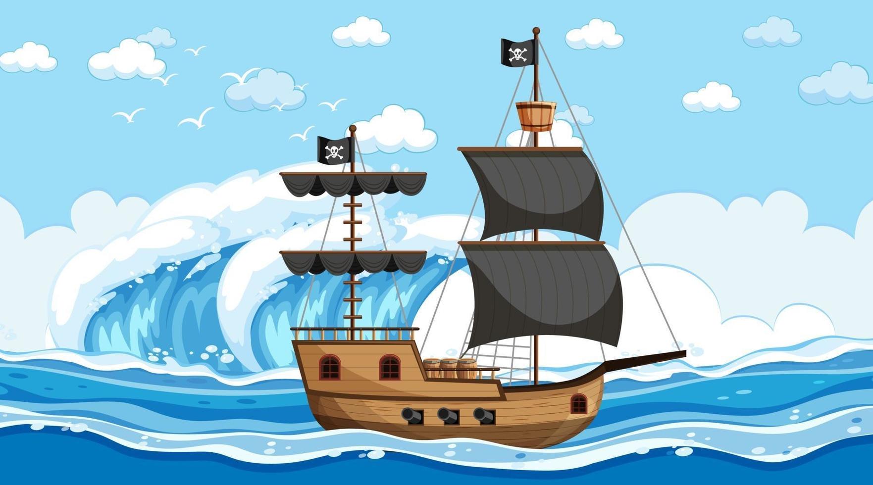 Ocean with Pirate ship at day time scene in cartoon style vector