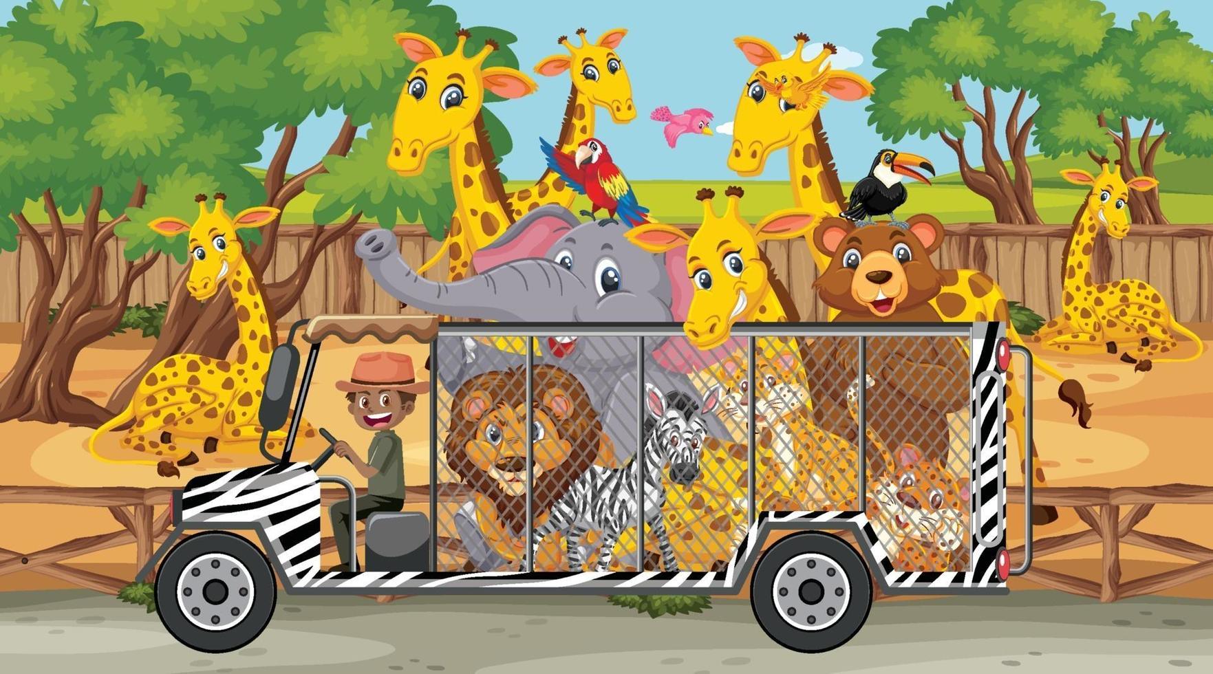 Safari scene with wild animals in a cage car vector